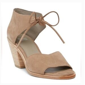 Eileen Fisher Ann Tan Nubuck Leather Ankle Tie Peep Toe Cone Heel Sandals 8.5